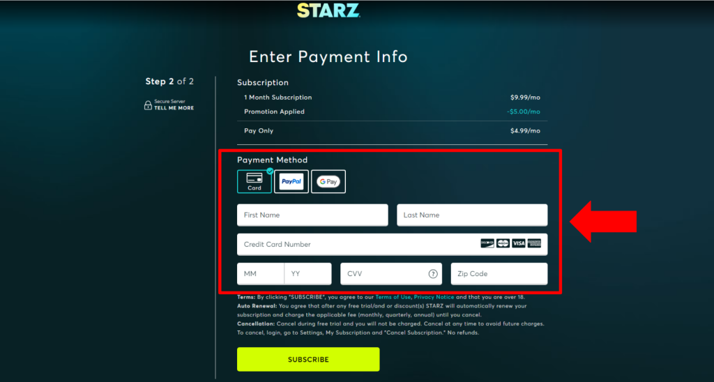 Entering Payment Info When Subscribing to Starz