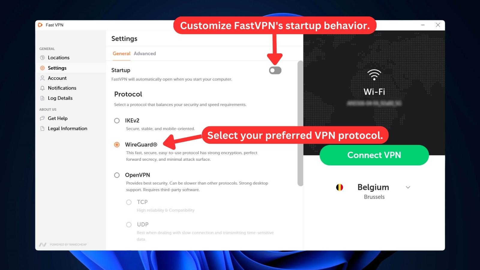 FastVPN showing General Windows settings