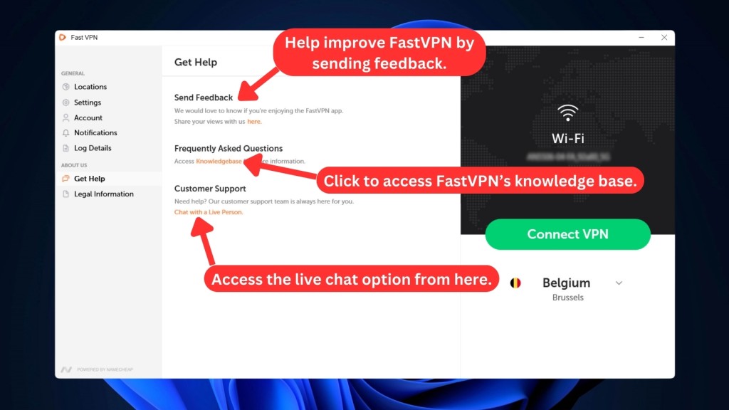 FastVPN showing support options on Windows