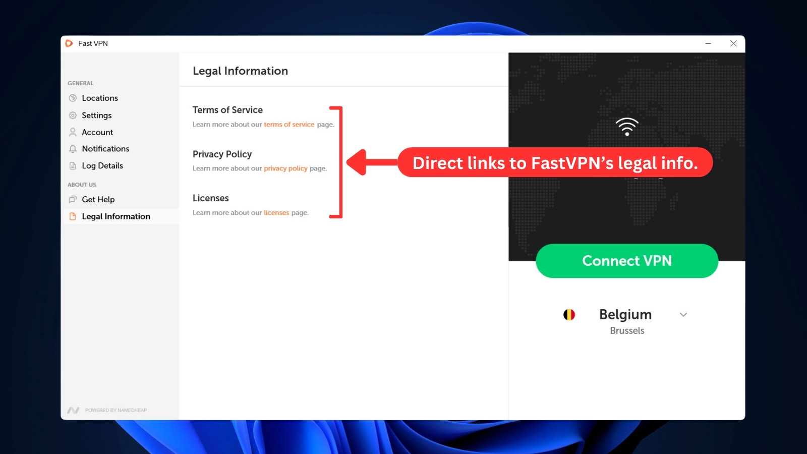 FastVPN Windows app showing direct links to legal information