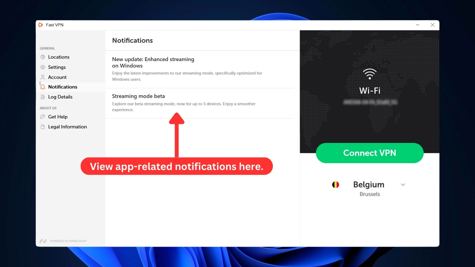 FastVPN Windows app showing notifications