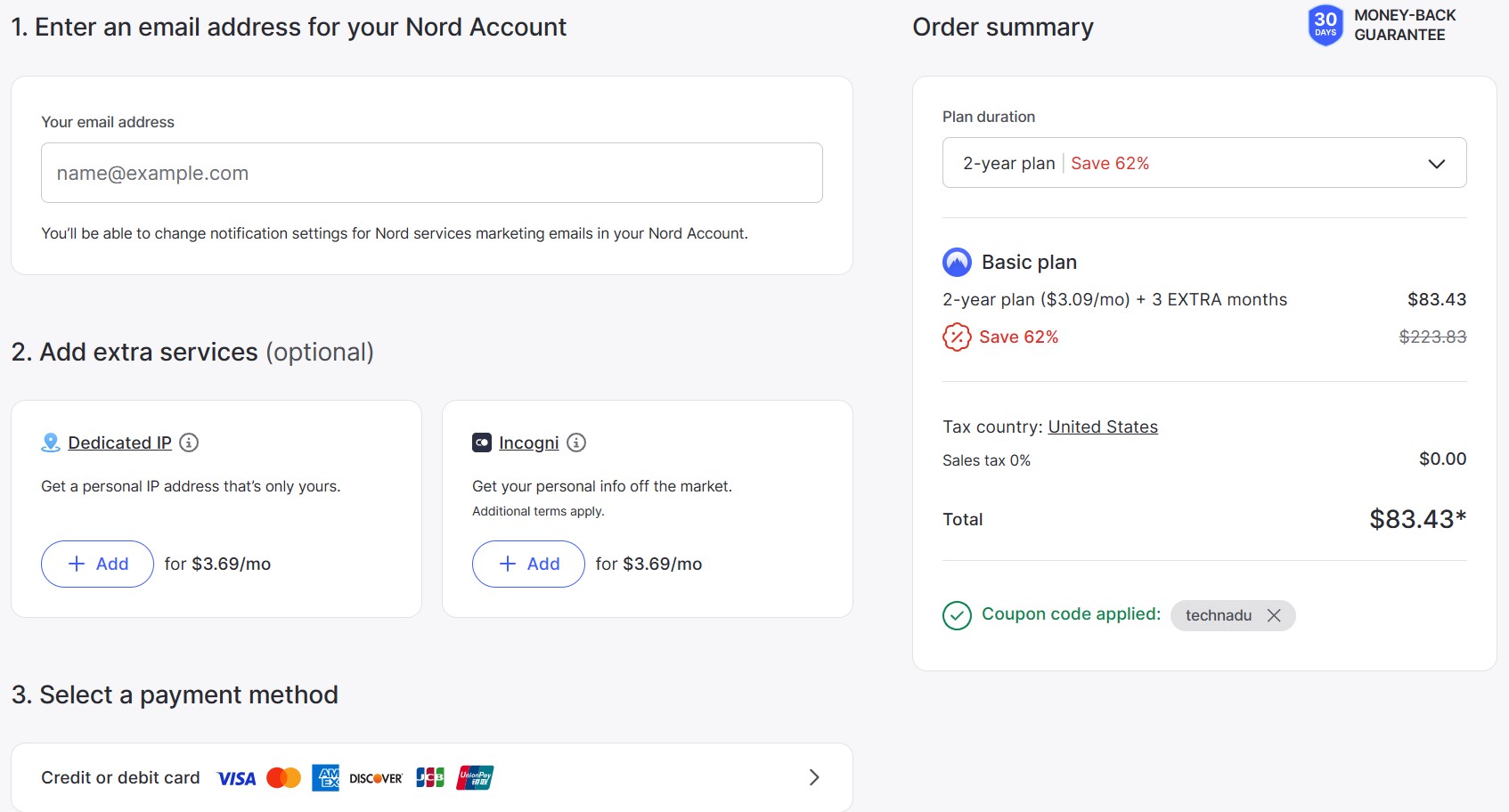 Finalizing the sign up for NordVPN