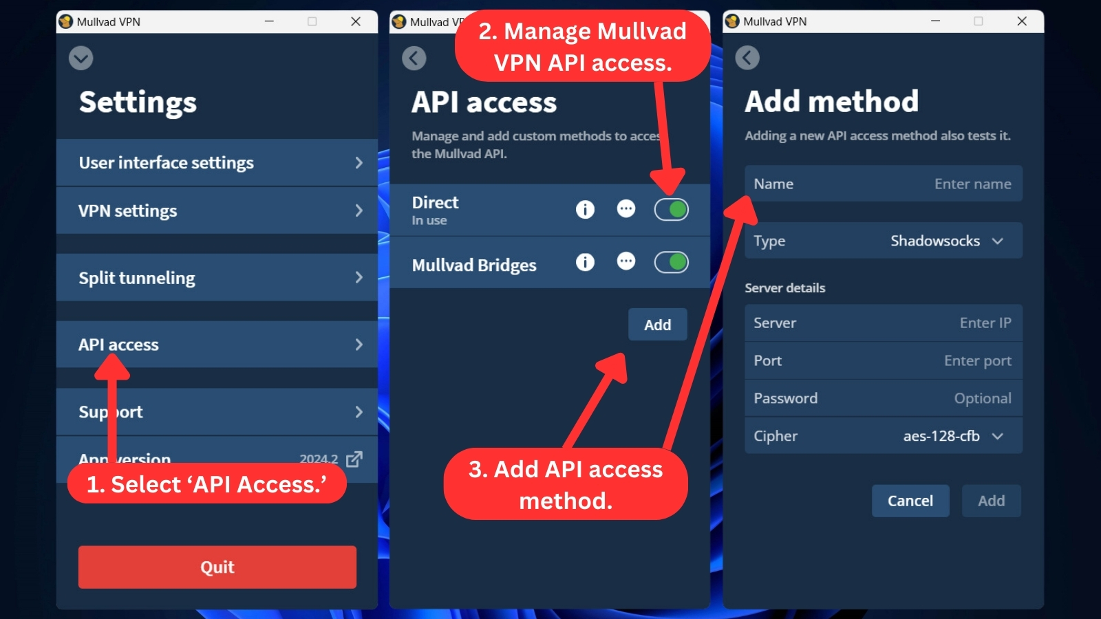 How to manage and add new Mullvad API access methods