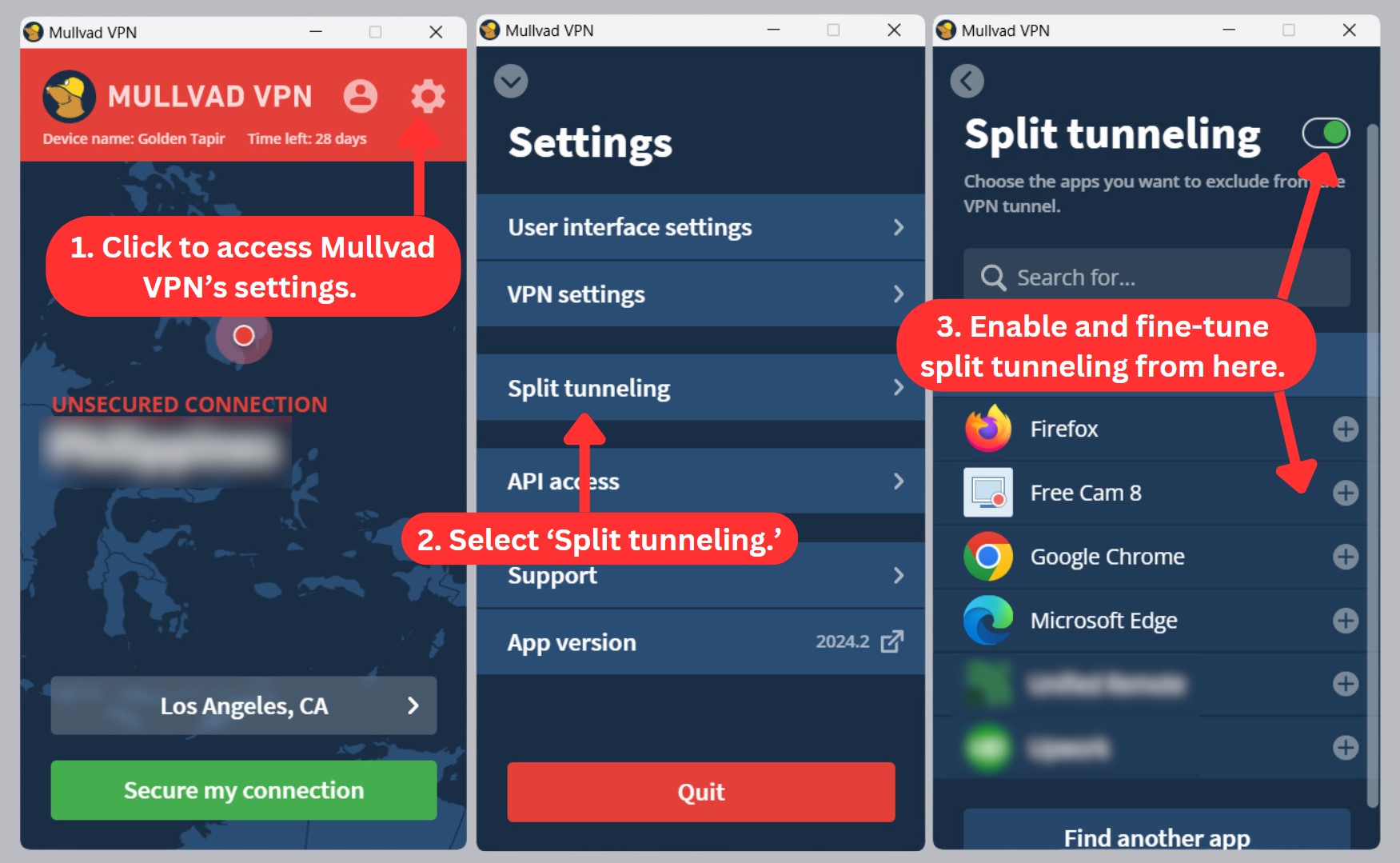 How to enable split tunneling on Mullvad VPN