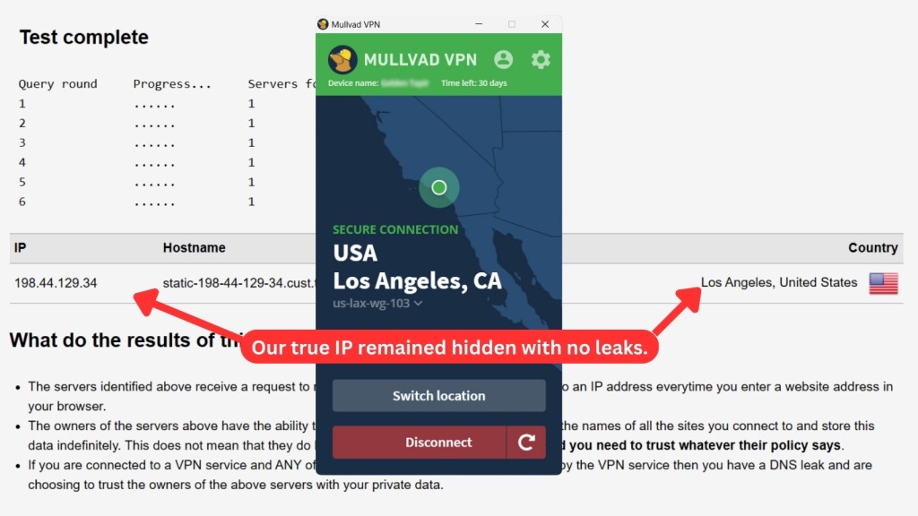 Mullvad VPN DNS leak testing