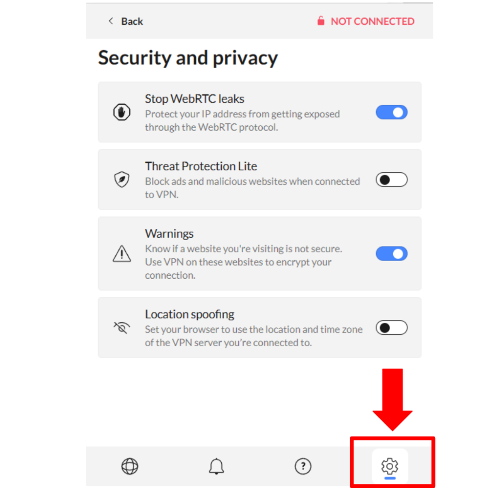 Security and privacy settings in NordVPN's Edge extension.