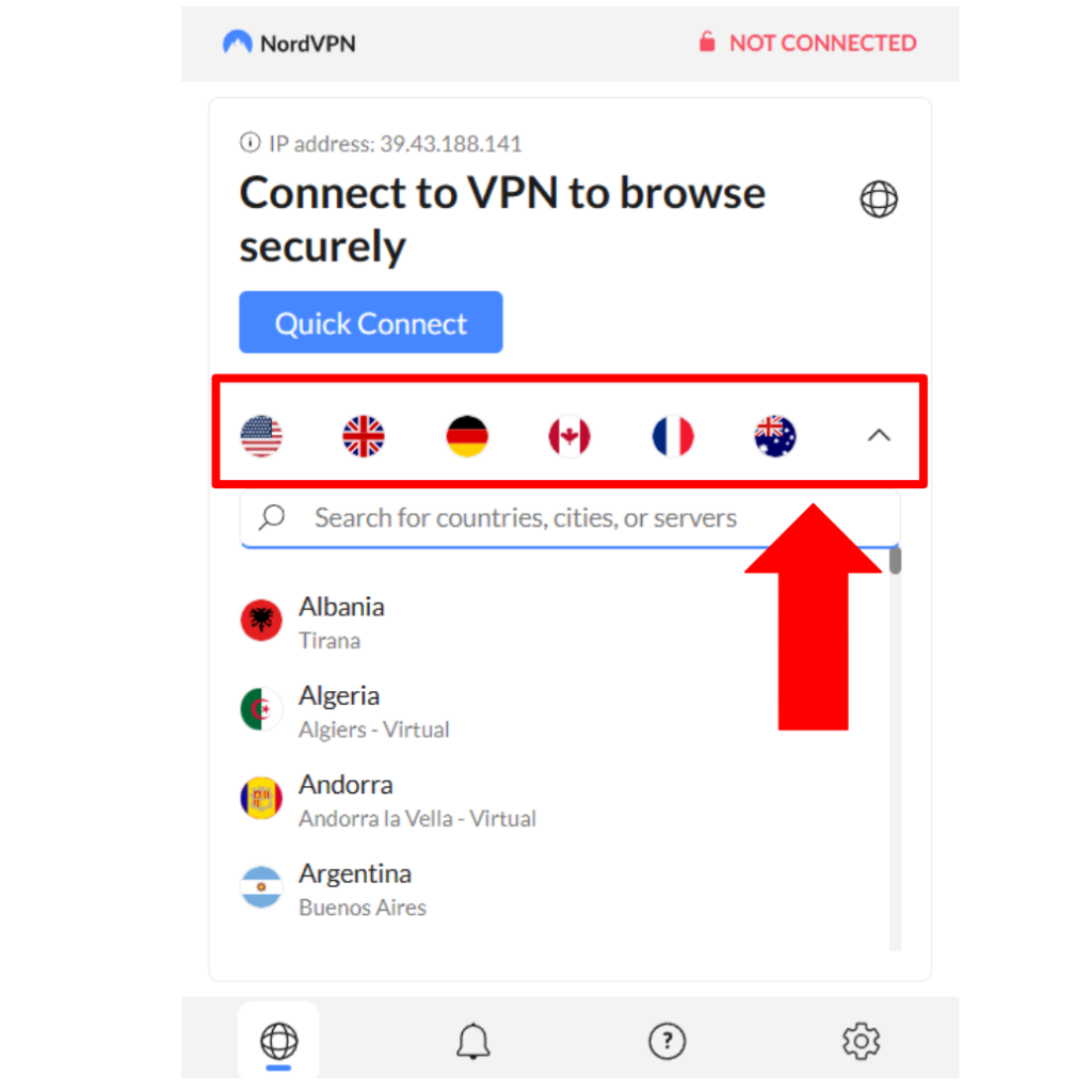 Server locations in NordVPN Edge extension.