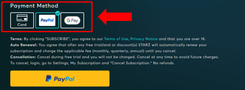 Paying for Starz Using PayPal