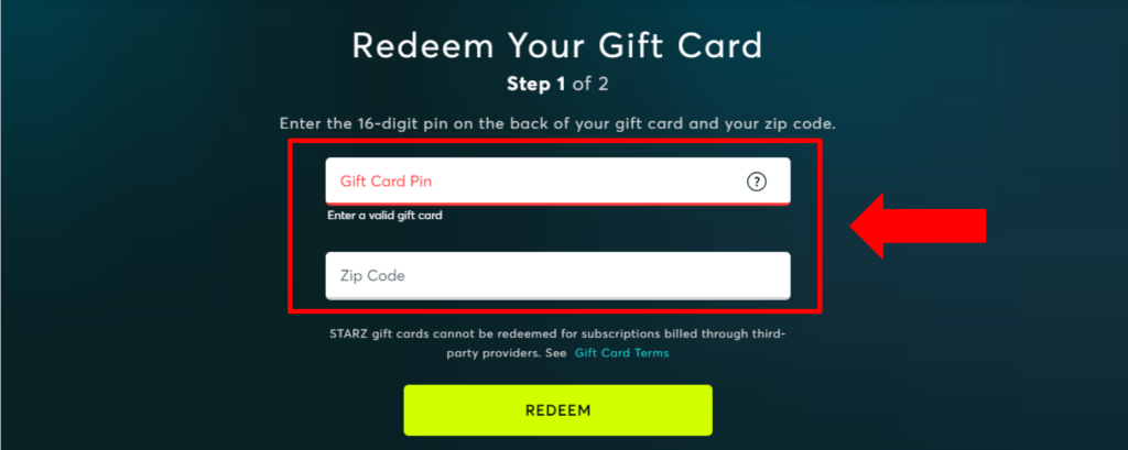 Redeeming Gift Card on Starz Website
