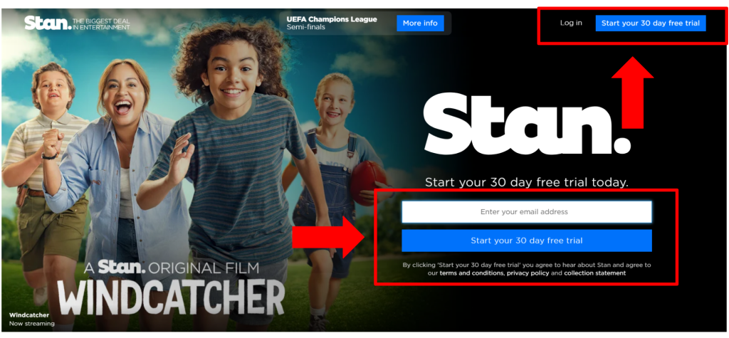 Stan Home Page with a Registration Button Highlighted