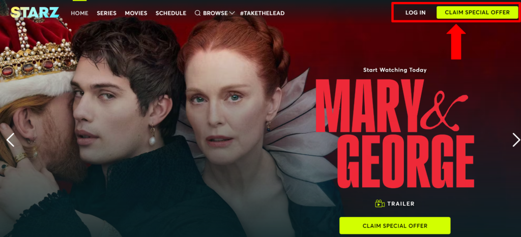 Starz Home Page with Claim Special Offer Button Highlighted