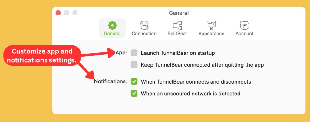 TunnelBear General settings on Mac