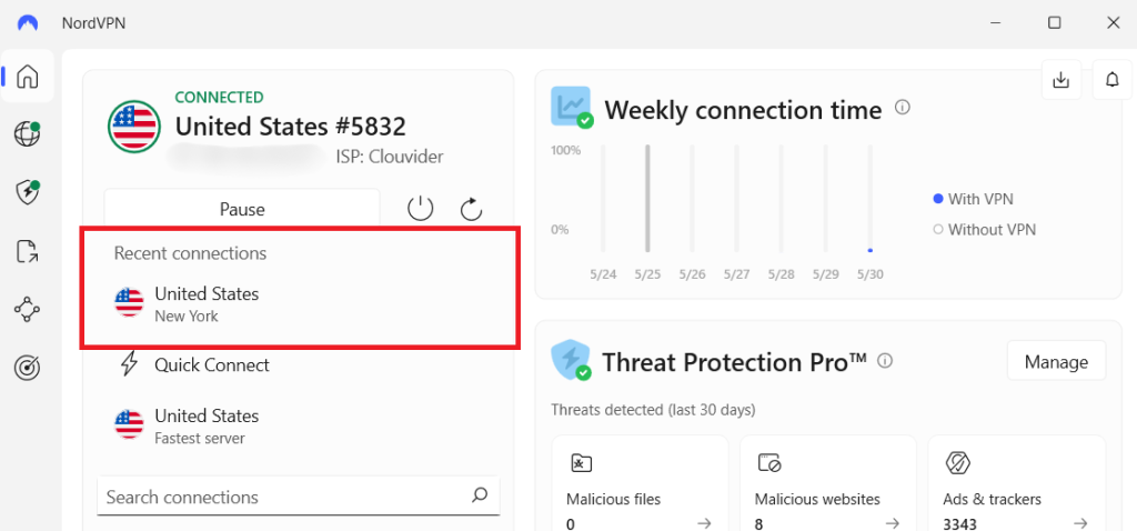 Connect to a suitable VPN server location (New York).