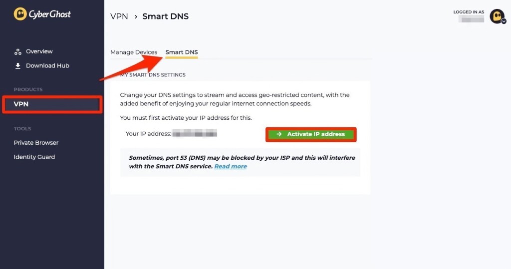 Activating IP address on CyberGhost dashboard.