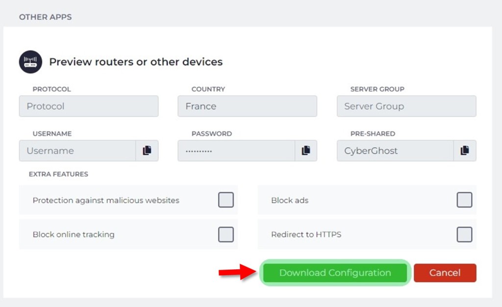 Downloading manual CyberGhost connection details.