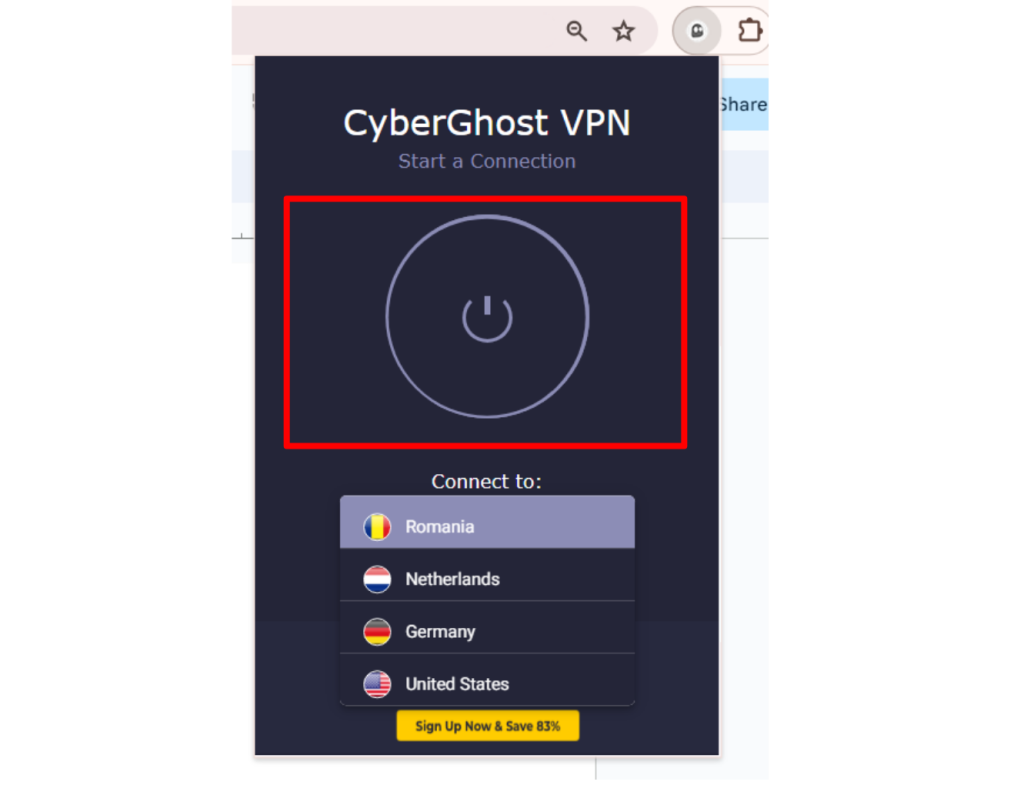 Connecting CyberGhost VPN extension
