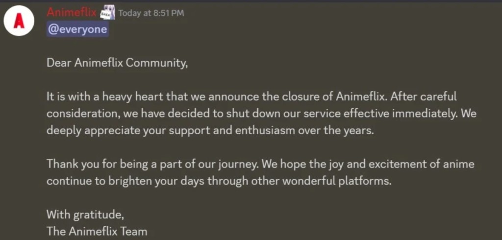 Animeflix Shutdown Notice