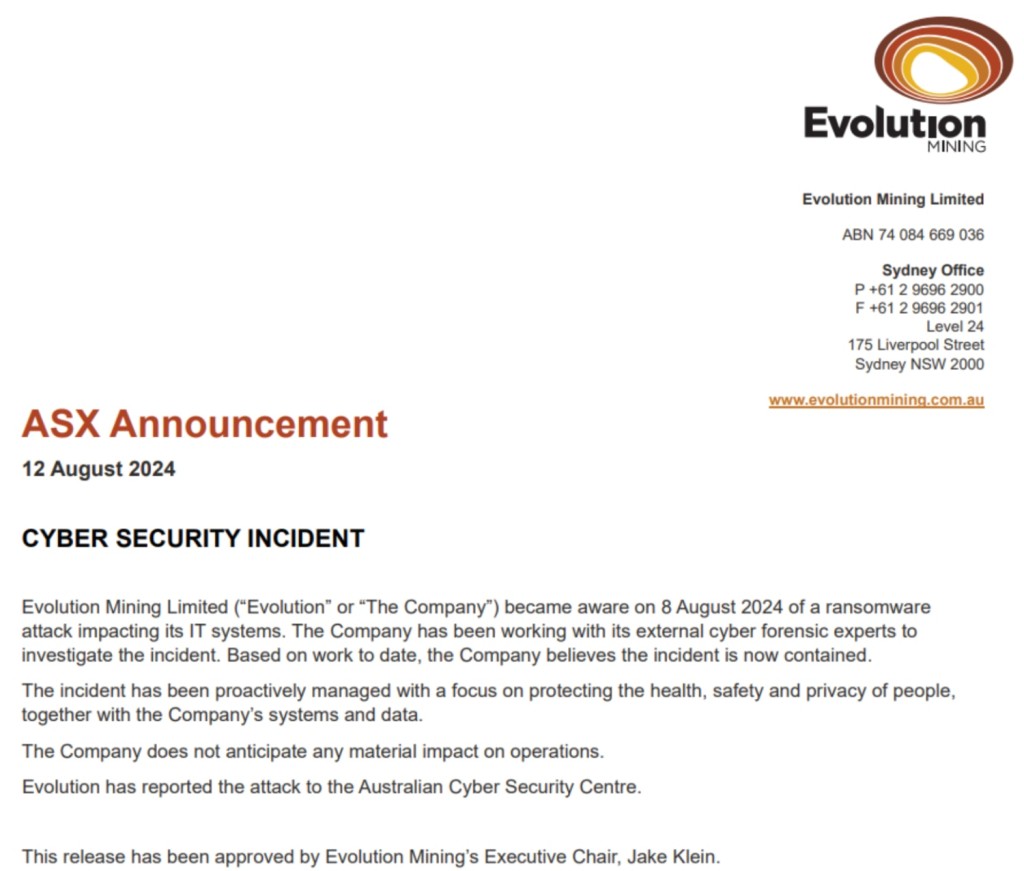 Evolution Mining Cyber Breach Announcement