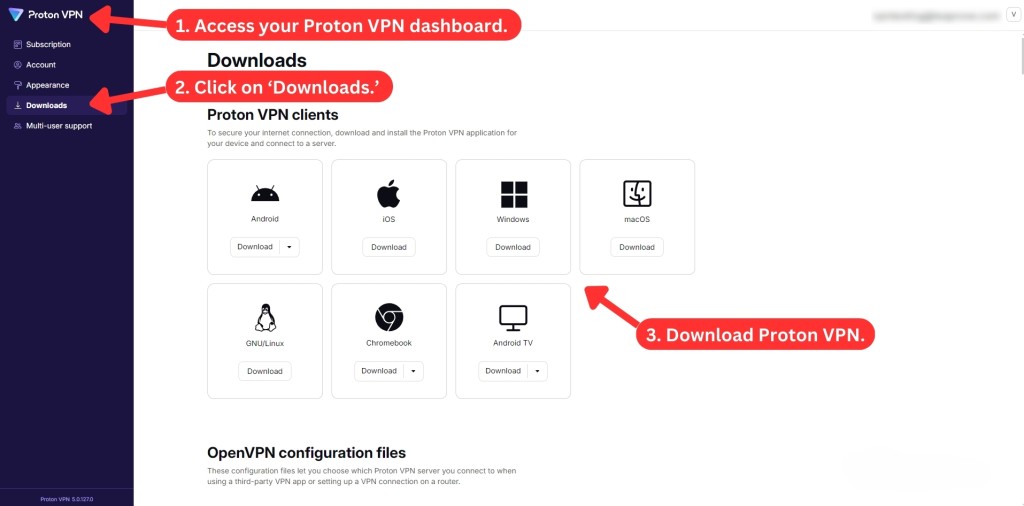 A visual guide showing three steps to download different Proton VPN apps