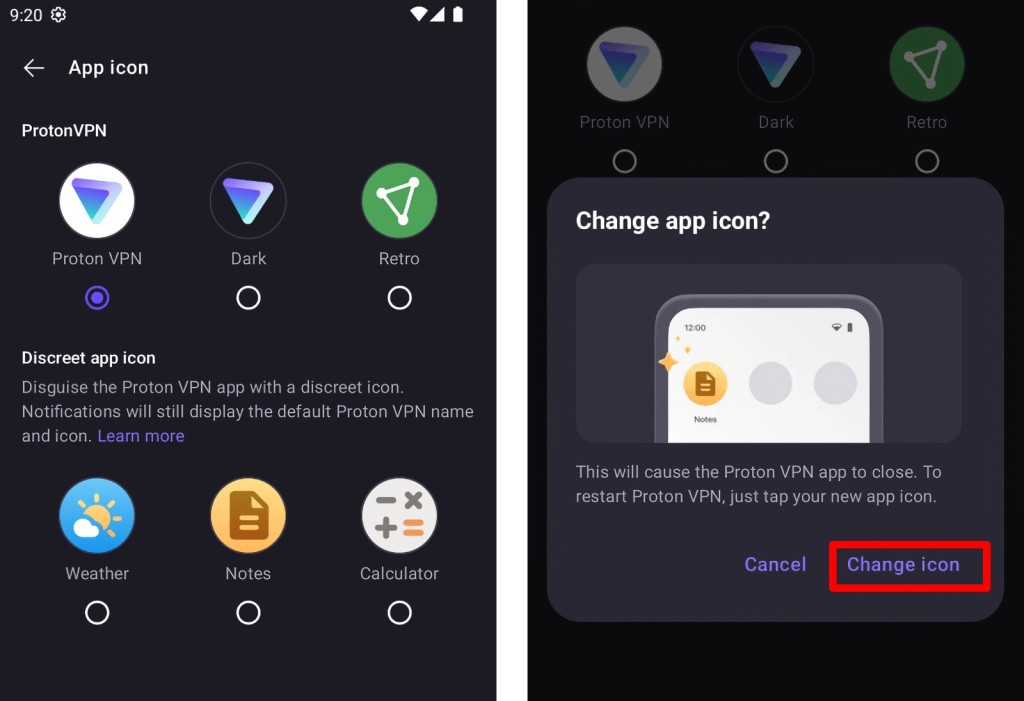 Proton VPN Discreet Icon on Android