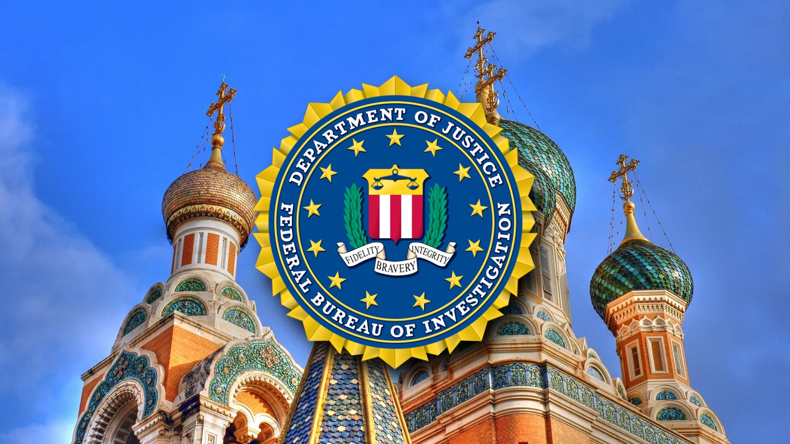 FBI Logo with Russian Building in Background