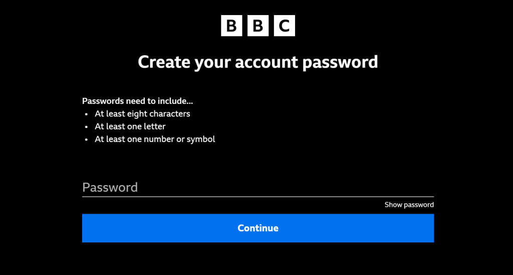 BBC iPlayer create password