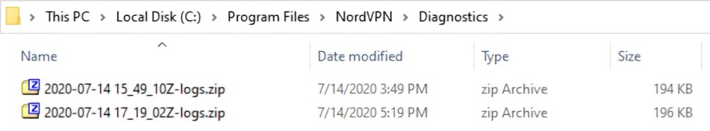 NordVPN Diagnostic ZIP Files