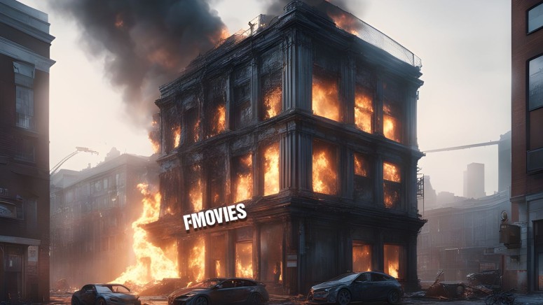 FMovies building burning. Representation of how the FMovies site has been shutdown.