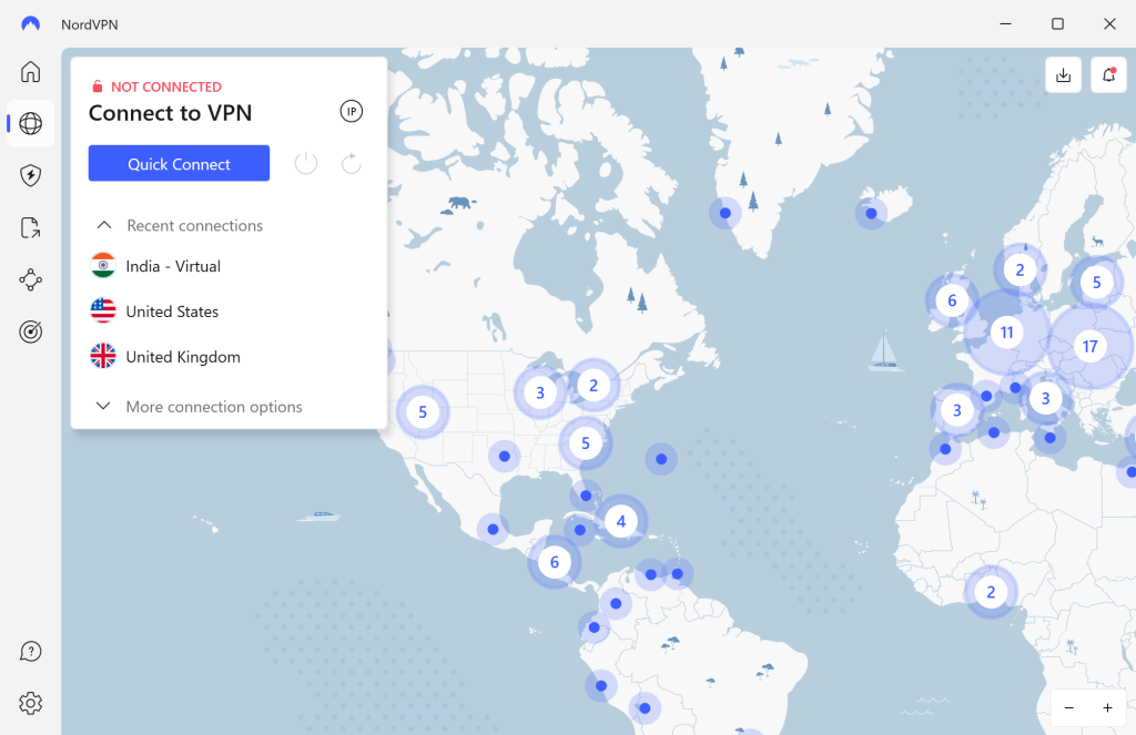 Main interface of NordVPN showing an interactive map that allows you to pick and connect to a server.