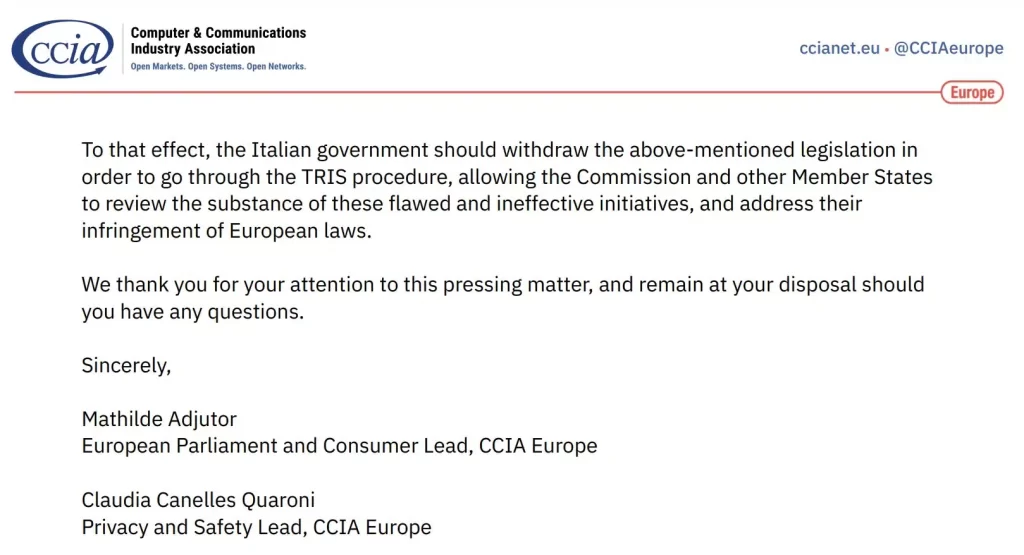 Screenshot of the CCIA letter about Piracy Shield.