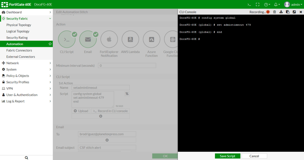 CLI Console feature in the FortiGate web interface.