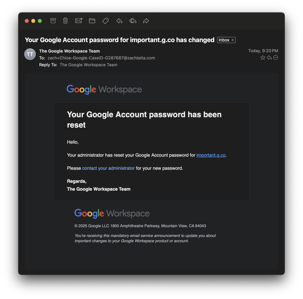 A screenshot of the Fraudulent Google Workspace Email.