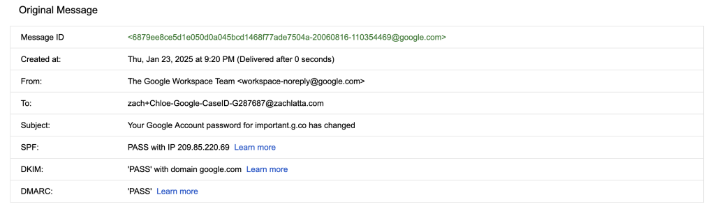 Screenshot of the fraudulent Google Workspace email details.