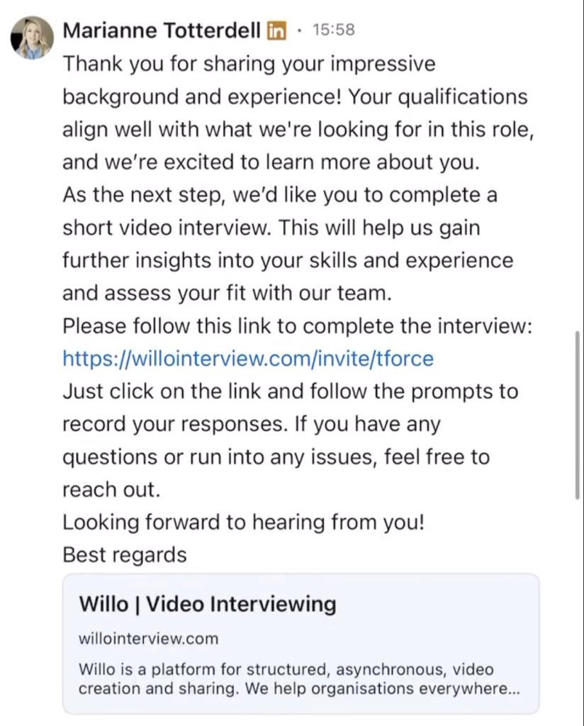 Screenshot of a fraudulent recruiter profile on LinkedIn