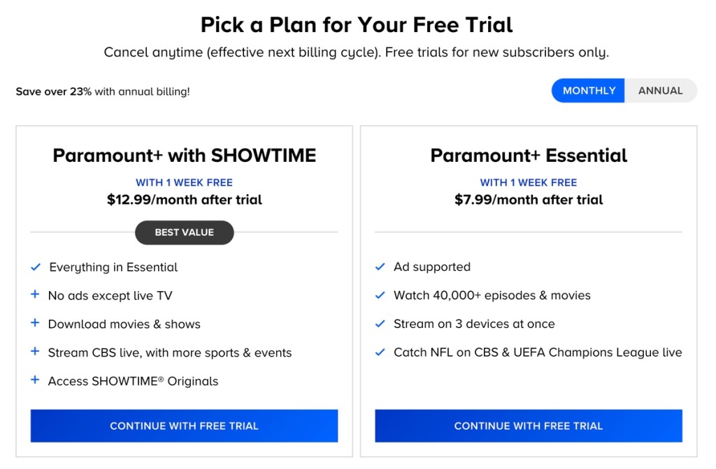 Paramount Plus Subscription Plans and Trial