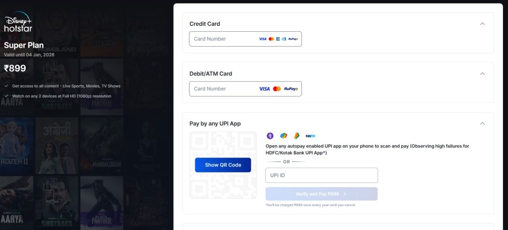 Payment options for Disney Plus Hotstar