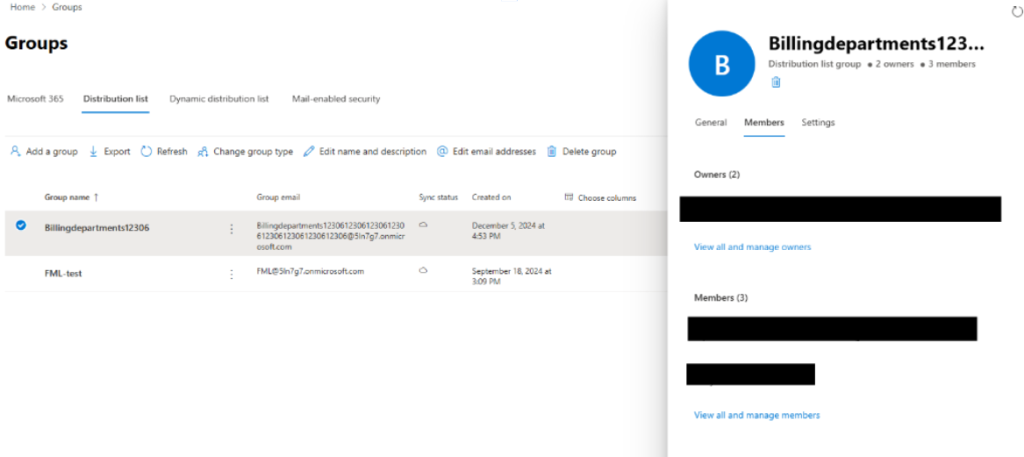 Screenshot of the creation of a distribution list