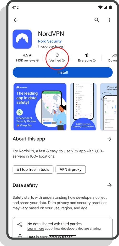 The Nord VPN app on Google Play store with the verified badge.