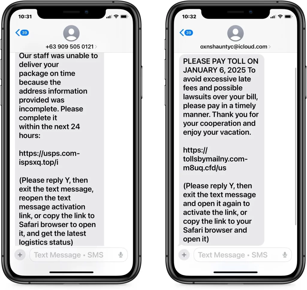 Apple iMessage phishing texts.