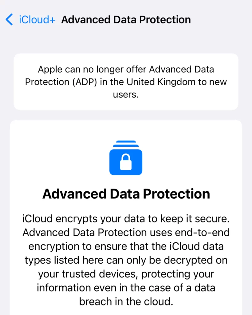 Apple message for U.K. users after disabling the option to turn on end-to-end encrypted iCloud.