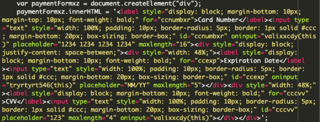 Code Creates a Form with Card Number, Expiration Date, and CVV fields.