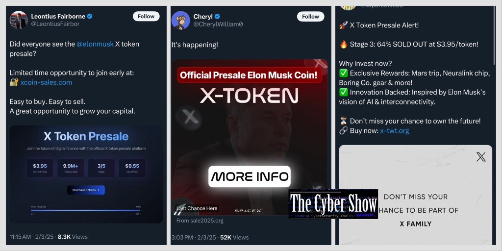 A collage advertising X token presale scam.