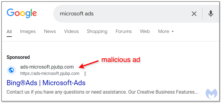 Malvertising via Google Ads targeting Microsoft Advertisers.