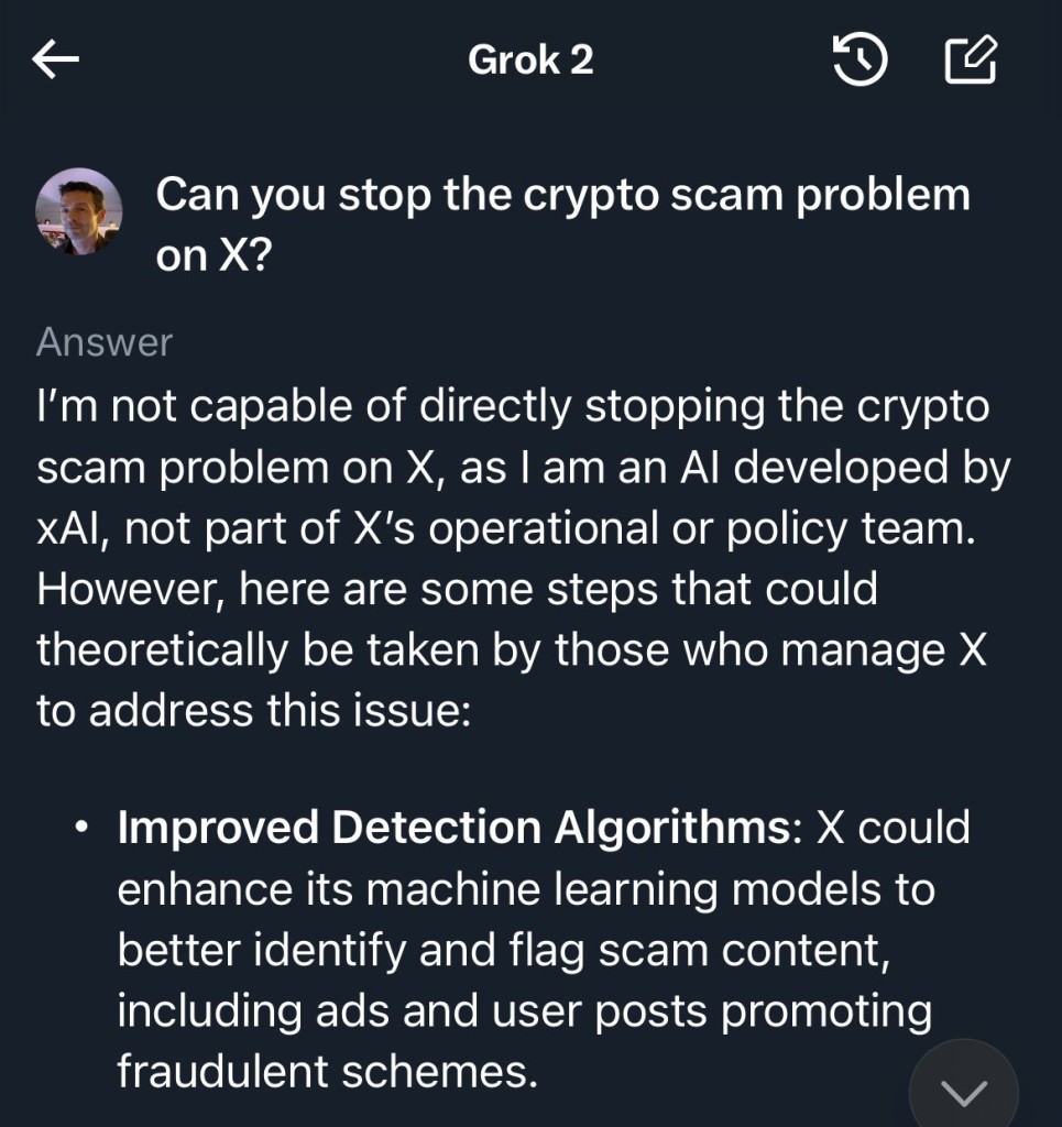 Grok's response to scams on X.