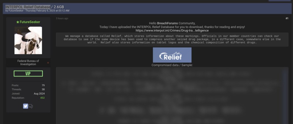 A screenshot of the BreachForums post claiming the Interpol data leak.