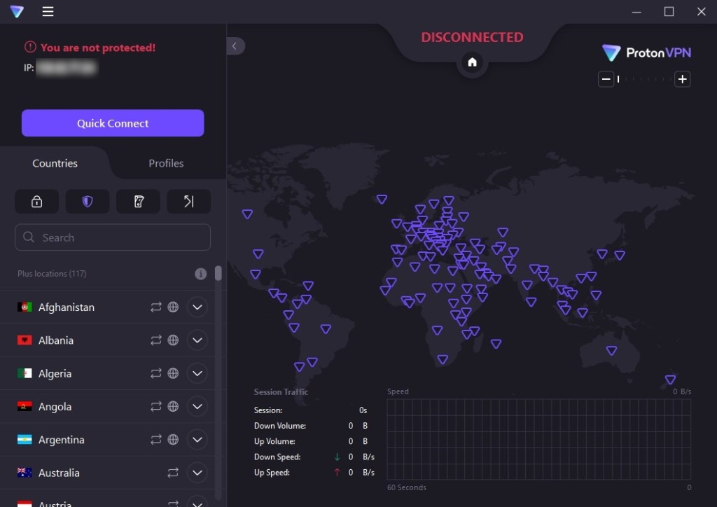 Proton-VPN-User-Interface-on-Windows Proton VPN user interface on Windows, featuring a dark-themed dashboard with a purple “Quick Connect” button on the upper left side, a world map with server location pins on the right, and a sidebar listing server countries and connection details like session traffic and speed
