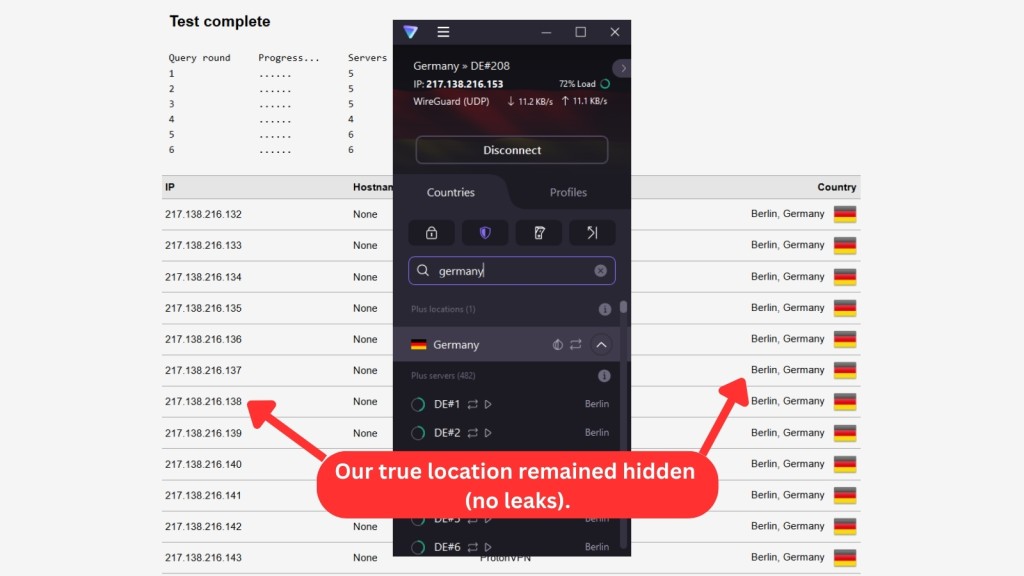 A DNS leak test performed using Proton VPN FEB 25, showing a secure connection to a server in Berlin, Germany, with IP addresses matching the Berlin location, indicating that no DNS leaks were found